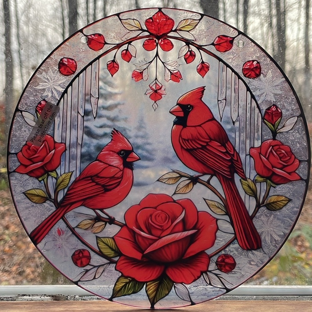 Suncatcher Acrylic Winter Cardinal Scene Faux Frosted Glass Stocking Stuffer
